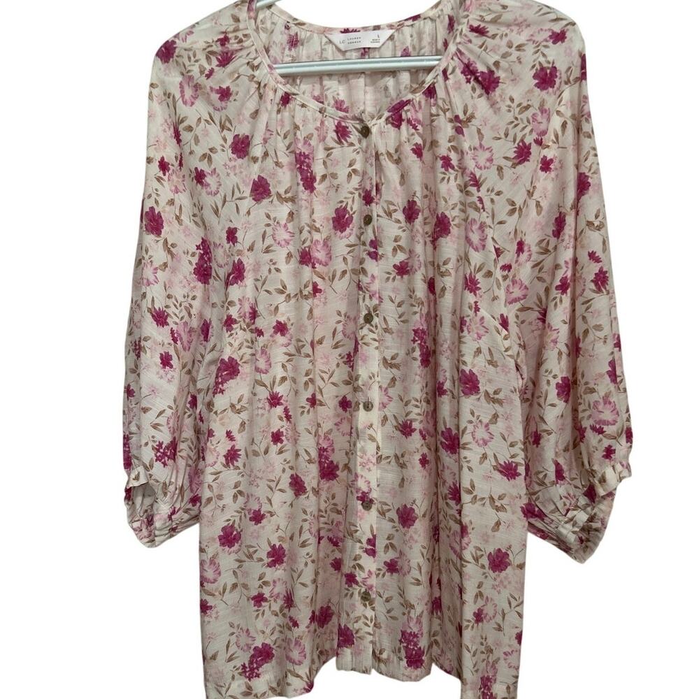LC Lauren Conrad Women's Floral‎ Cream Pink 3/4 Sleeves Button Up Blouse Size L